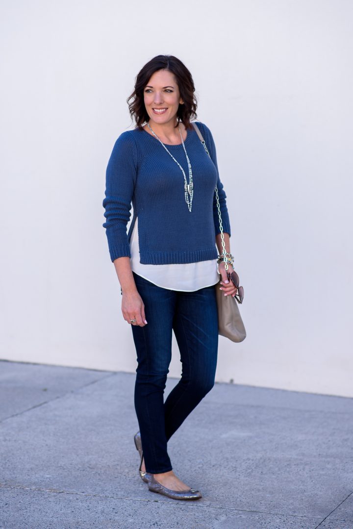 Fashion Over 40: Kicking off fall fashion with this LOFT Chunky Two-In-One Sweater, AG Super Skinny Jeans, and Tory Burch Heidi ballet flats