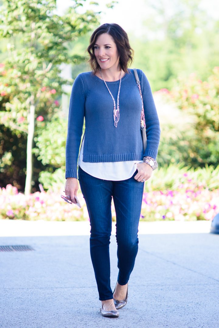 Fashion Over 40: Kicking off fall fashion with this LOFT Chunky Two-In-One Sweater, AG Super Skinny Jeans, and Tory Burch Heidi ballet flats!