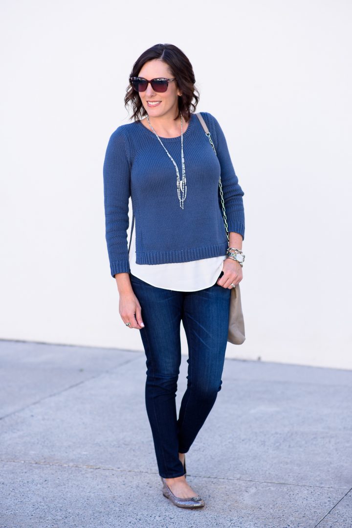 Fashion Over 40: Kicking off fall fashion with this LOFT Chunky Two-In-One Sweater, AG Super Skinny Jeans, and Tory Burch Heidi ballet flats!