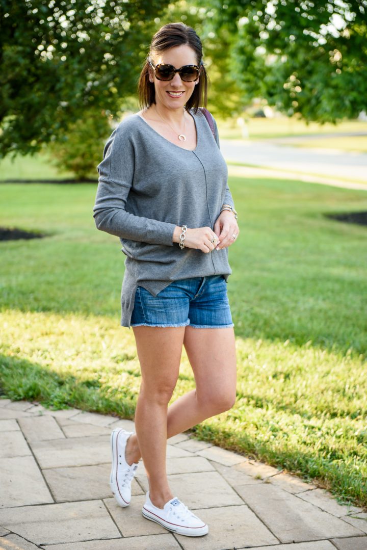 How to wear jean shorts and a long sleeve sweater | Fall Fashion for Women Over 40