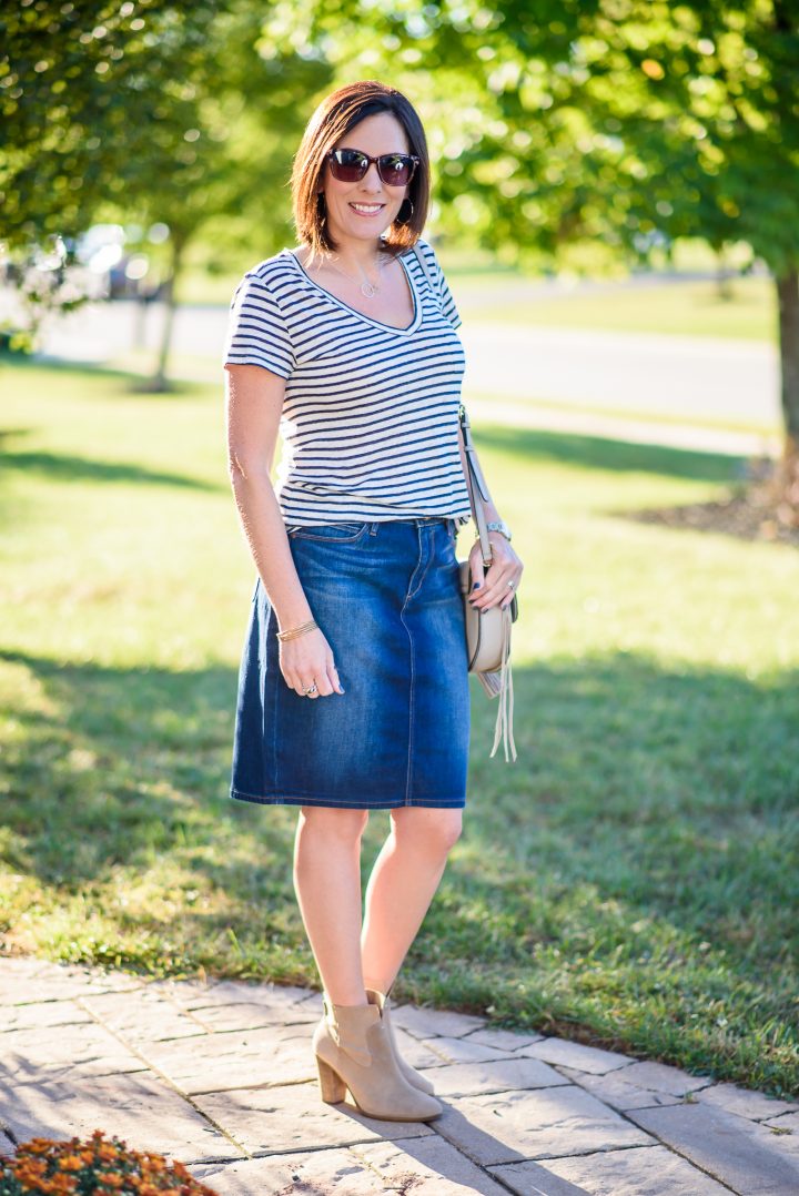 Jean Skirt and Booties Outfit for Fall