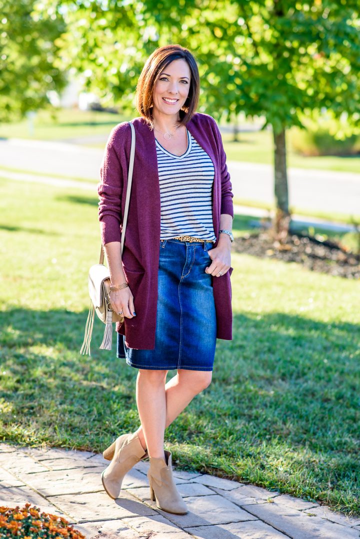 Jean Skirt Outfit for Fall with Booties