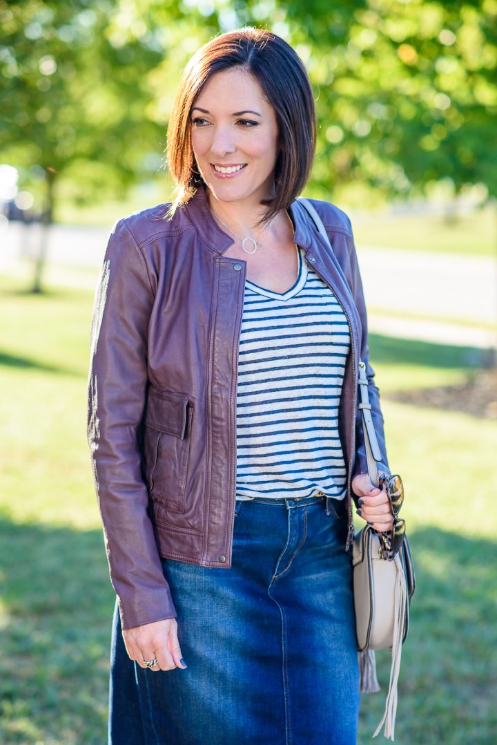 Jean Skirt Outfit for Fall with a Leather Jacket