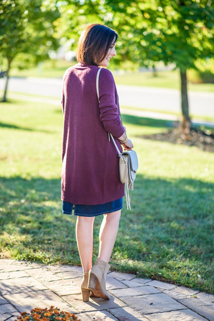 Jean Skirt Outfit for Fall with Long Cardi