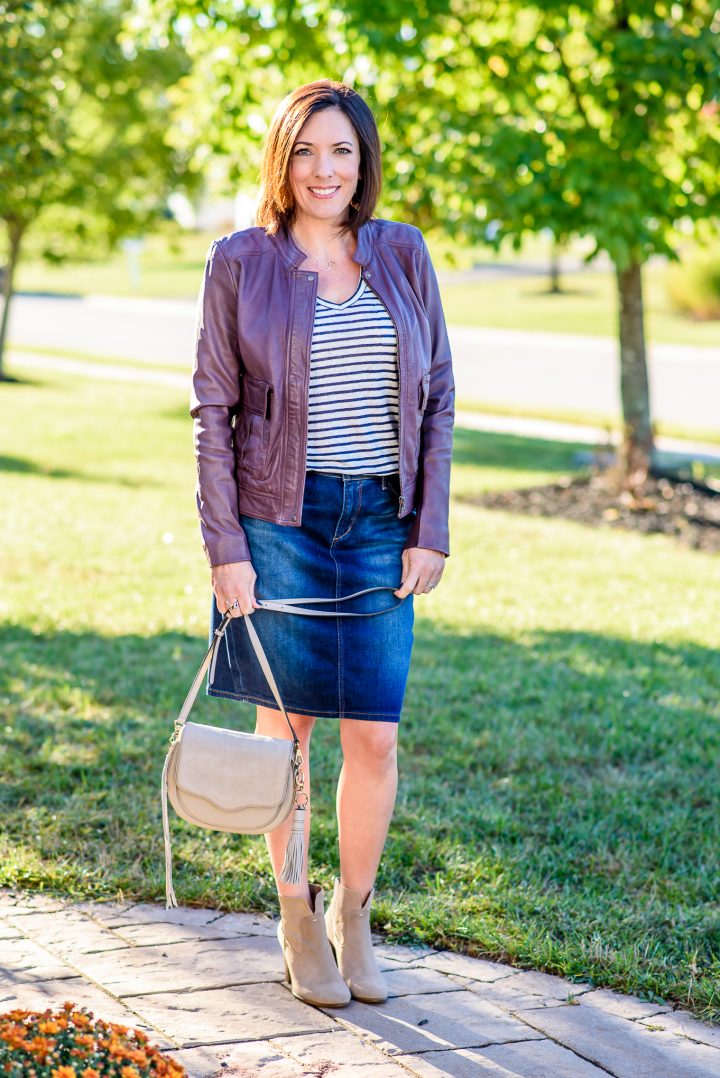 Jean Skirt Outfit for Fall with a Leather Jacket and Ankle Boots