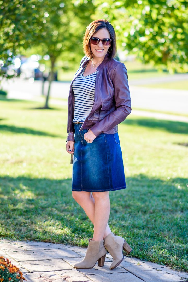 Chic Jean Skirt Outfit for Fall with a Leather Jacket and Ankle Boots