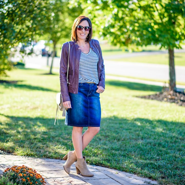 Fall Outfit Inspo: Denim Pencil Skirt with striped tee and taupe booties. The burgundy leather jacket is the perfect finishing touch!