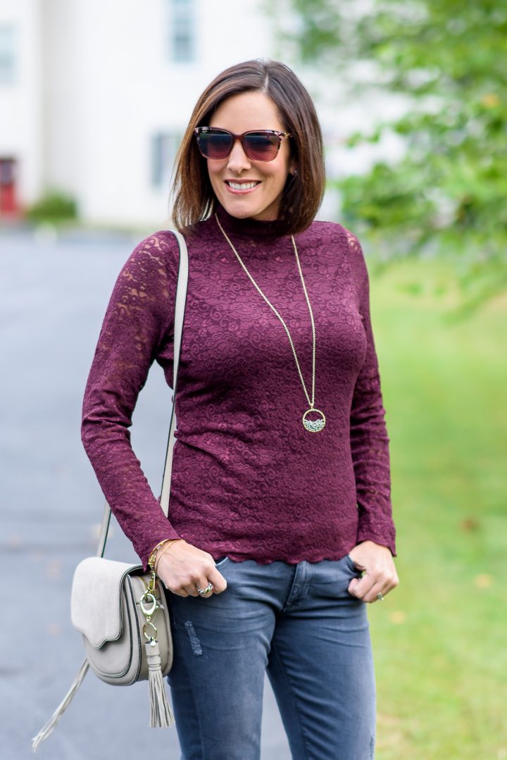 Fall Fashion: Styling this lace mock neck top with distressed grey skinnies