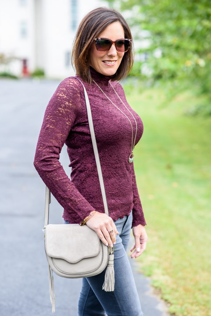 Fall Fashion: Styling this lace mock neck top with distressed grey skinnies and a light grey cross body bag!