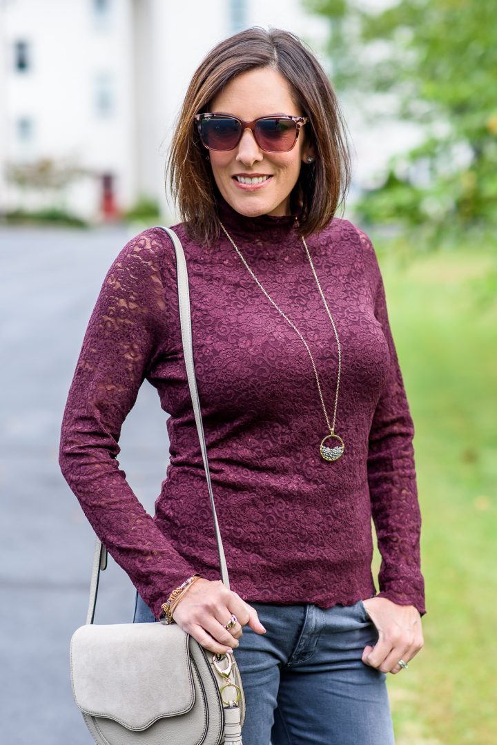 Fall Fashion: Styling this lace mock neck top with distressed grey skinnies