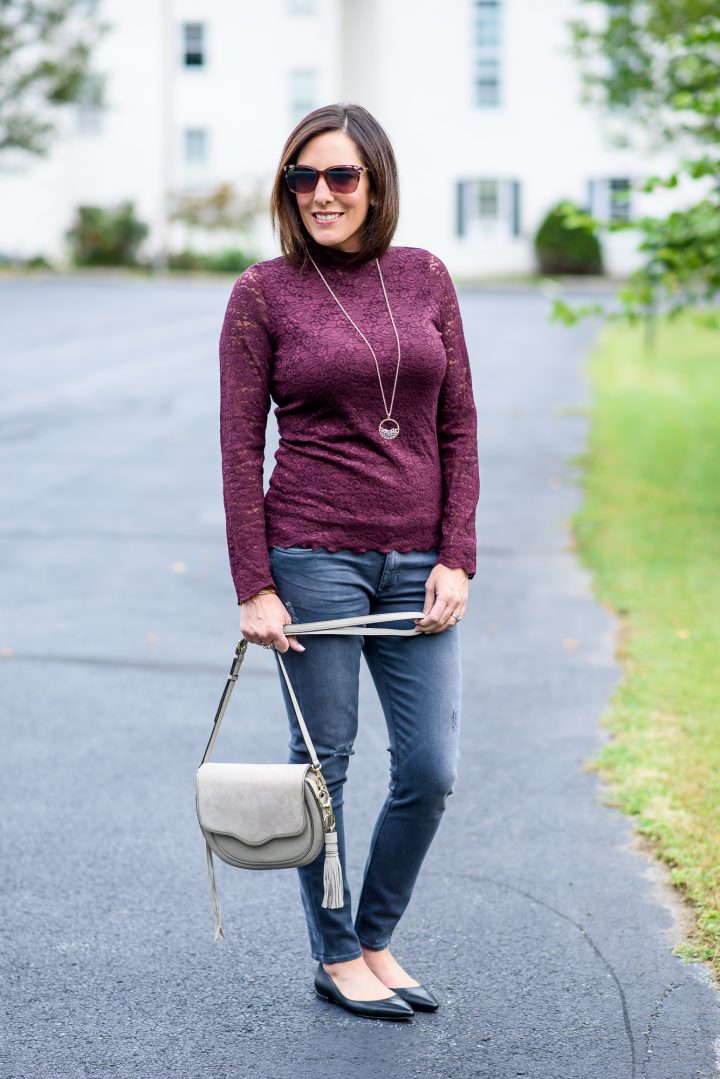 Fall Fashion: Styling this lace mock neck top with distressed grey skinnies and black pointy toe flats