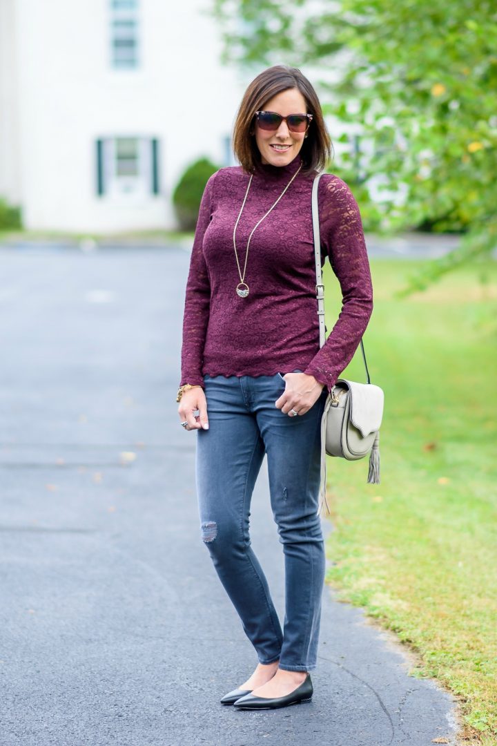 Fall Fashion: Styling this lace mock neck top with distressed grey skinnies and black pointy toe flats