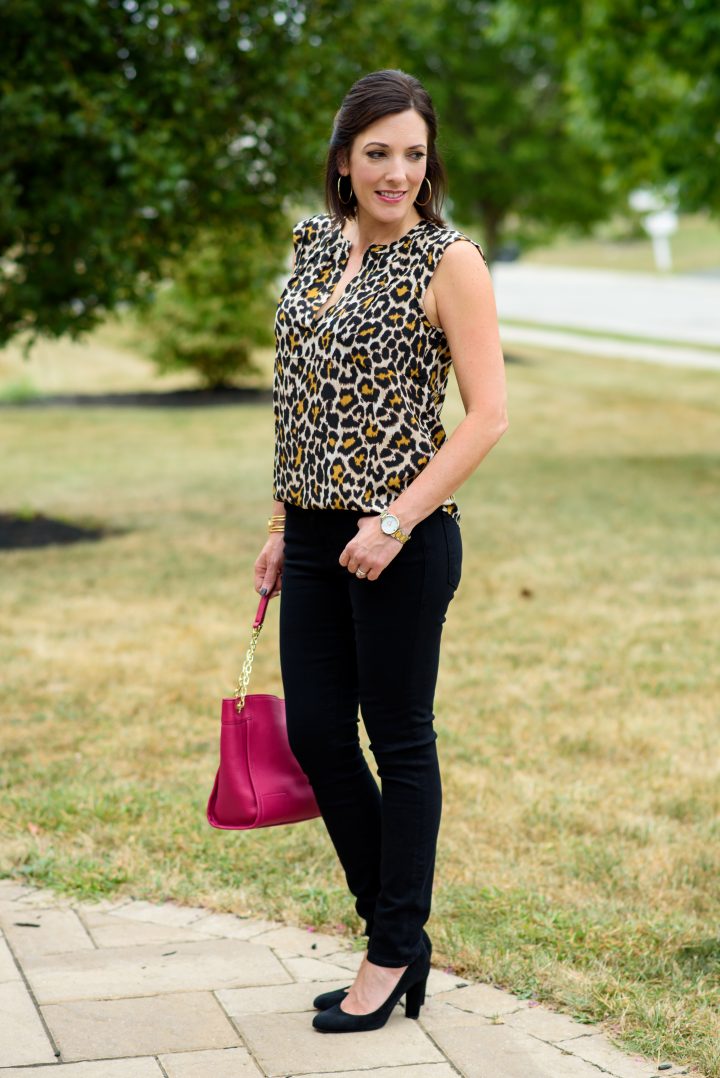 Leopard silk blouse with black jeans and pumps and a pop of pink!