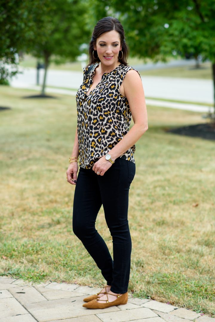 Leopard silk top with black jeans and chestnut lace-up flats!