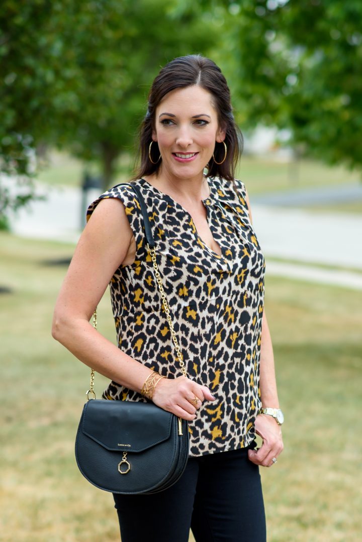 Leopard silk top with black jeans