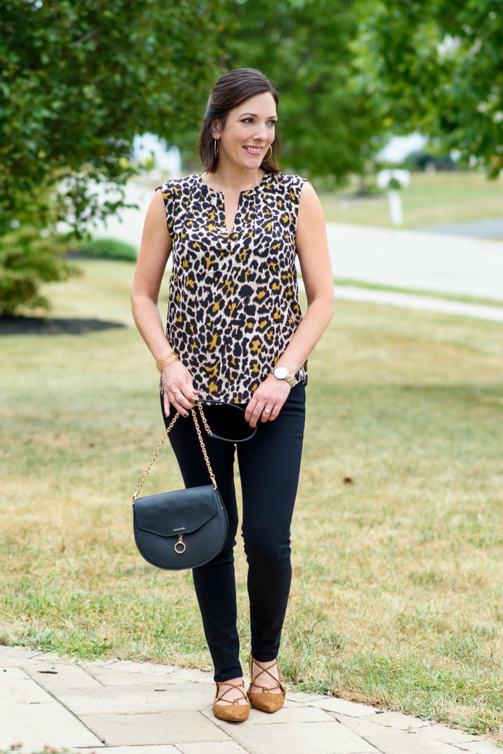 Leopard silk blouse with black jeans and chestnut lace-up flats!