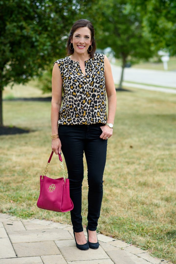 Leopard silk blouse with black jeans and pumps and a pop of pink!
