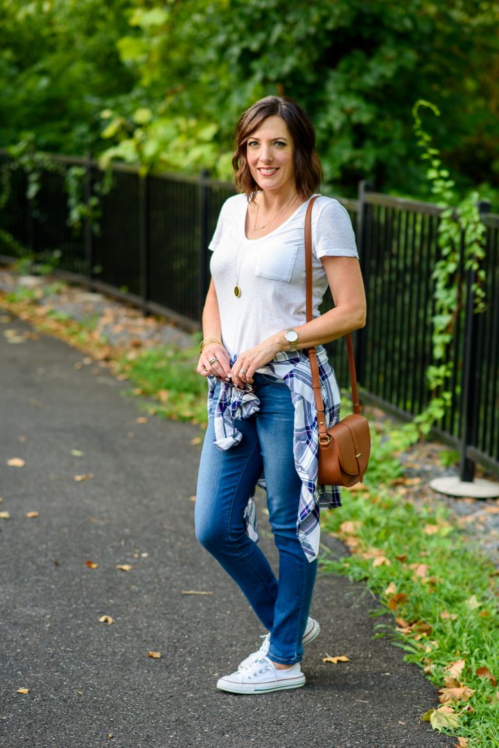 Styling a casual fall plaid shirt outfit for a fun weekend look featuring the Rails Hunter Plaid Shirt and Wit & Wisdom Ab Solution Stretch Skinny Jeans from Nordstrom.