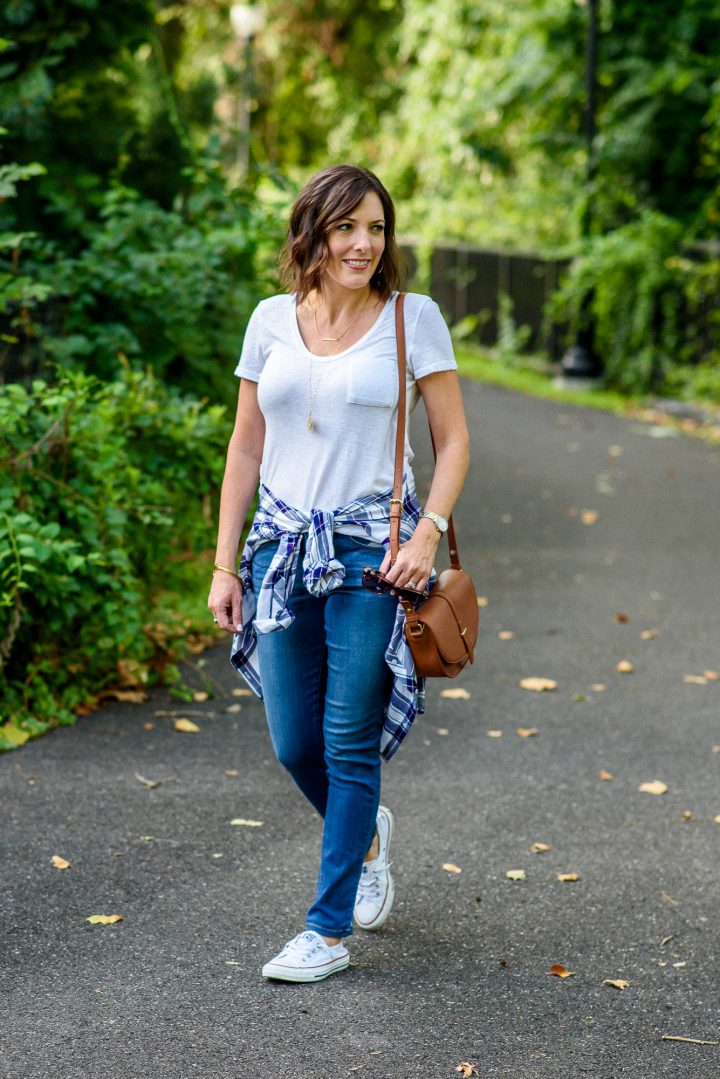 Styling a casual fall plaid shirt outfit for a fun weekend look featuring the Rails Hunter Plaid Shirt and Wit & Wisdom Ab Solution Stretch Skinny Jeans from Nordstrom.