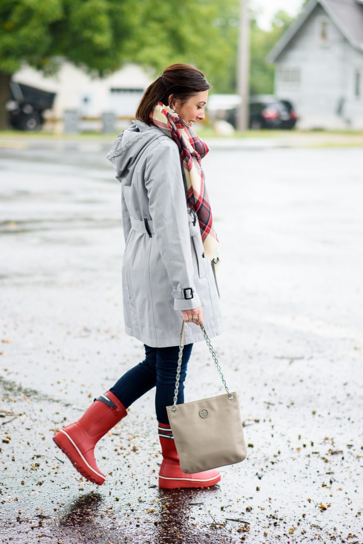 Silver Trench & Red Rain Boots Outfit