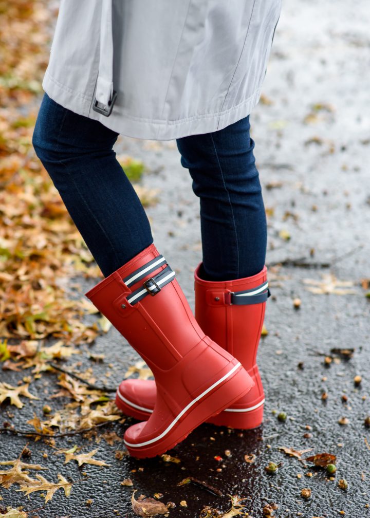 Silver Trench & Red Rain Boots Outfit