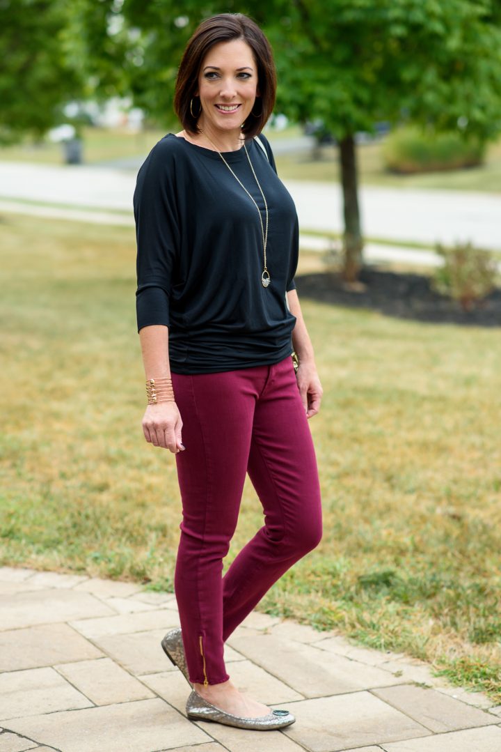 September 2016 Fall Stitch Fix Review featuring 41Hawthorn Queensland Dolman Jersey Top with the Pistola Caterina Frayed Hem Ankle Zip Skinny Jeans