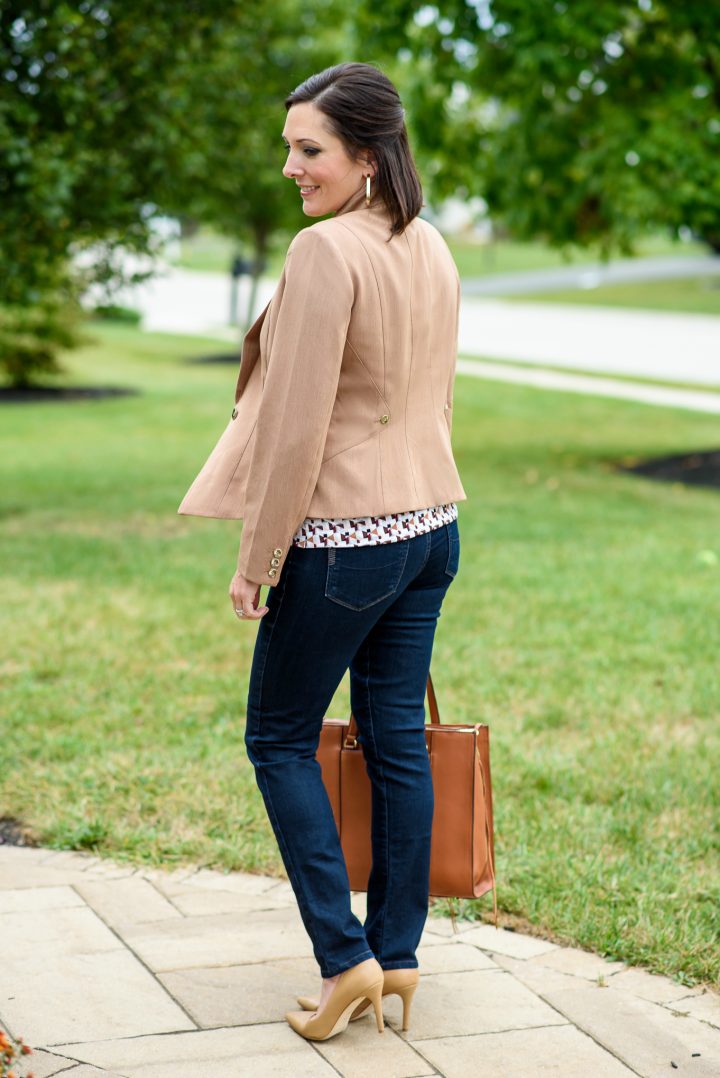 It's the perfect casual Friday office look - a chic blazer with jeans and heels! A seasonless blazer is a closet staple no woman should be without!