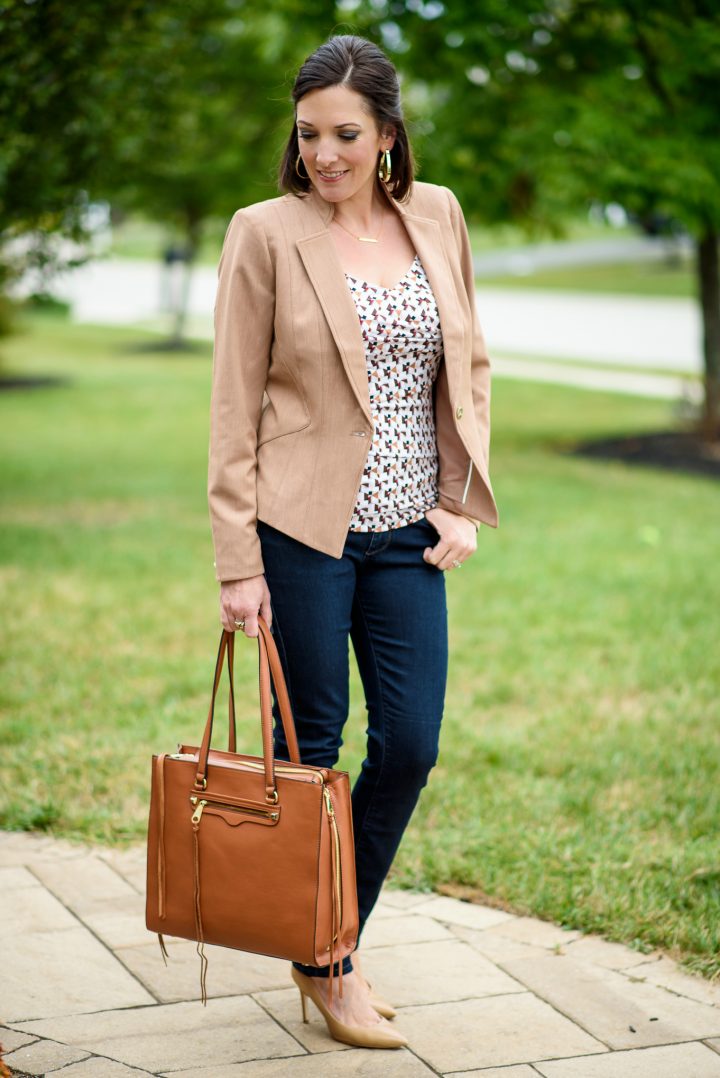 It's the perfect casual Friday office look - a chic blazer with jeans and heels! A seasonless blazer is a closet staple no woman should be without!