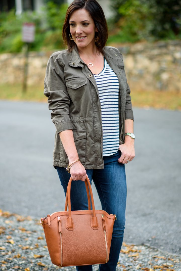 This casual fall outfit combines some of my favorite fall wardrobe staples: utility jacket, leopard print, and stripes! 