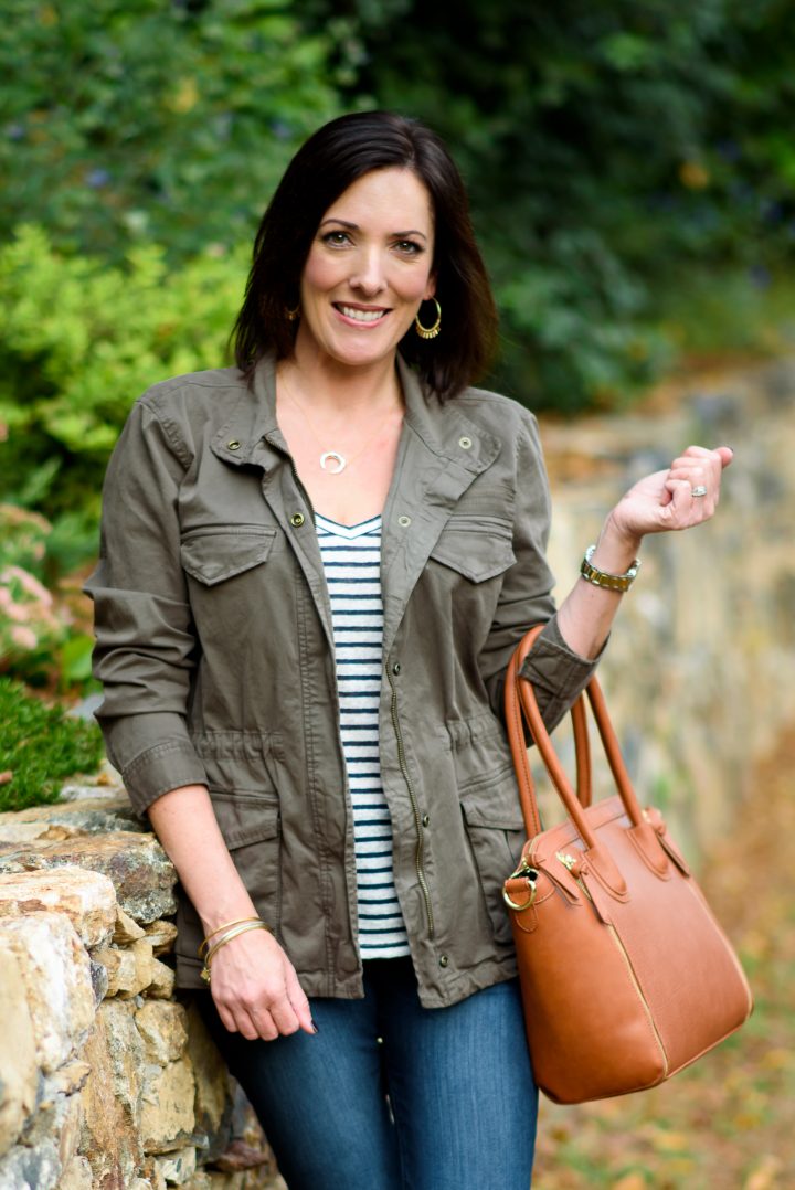 This casual fall outfit combines some of my favorite fall wardrobe staples: utility jacket, leopard print and stripes! 
