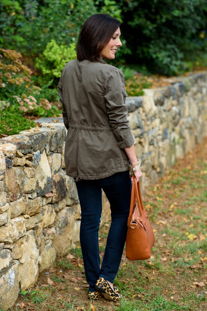 Fall Fashion: Utility Jacket with striped tee and leopard flats