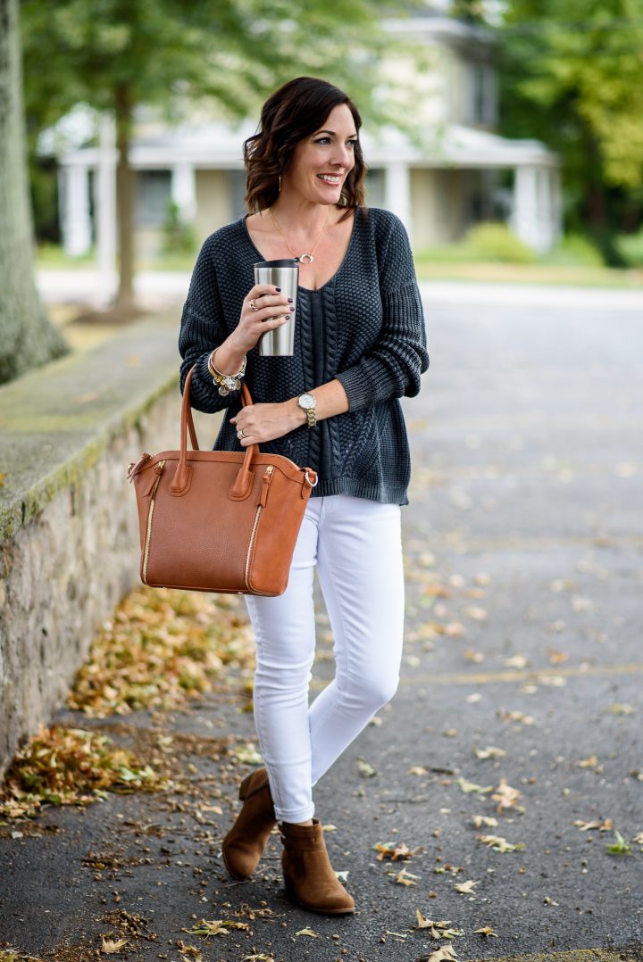 white jeans outfit for fall featuring Rooda Ankle Strap Booties from Payless
