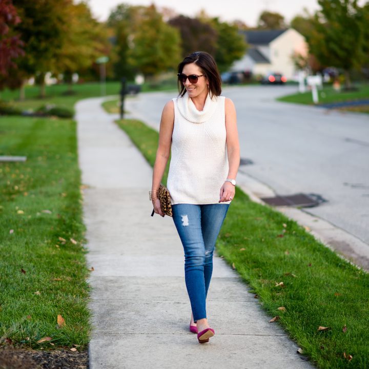 Casual Fall Outfit with Sleeveless Cowl Neck Sweater, AG Legging Jeans and pink suede flats