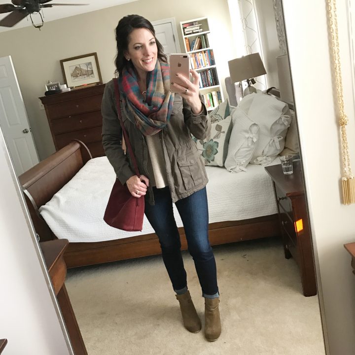 Casual Fall Outfit with Plaid Infinity Scarf