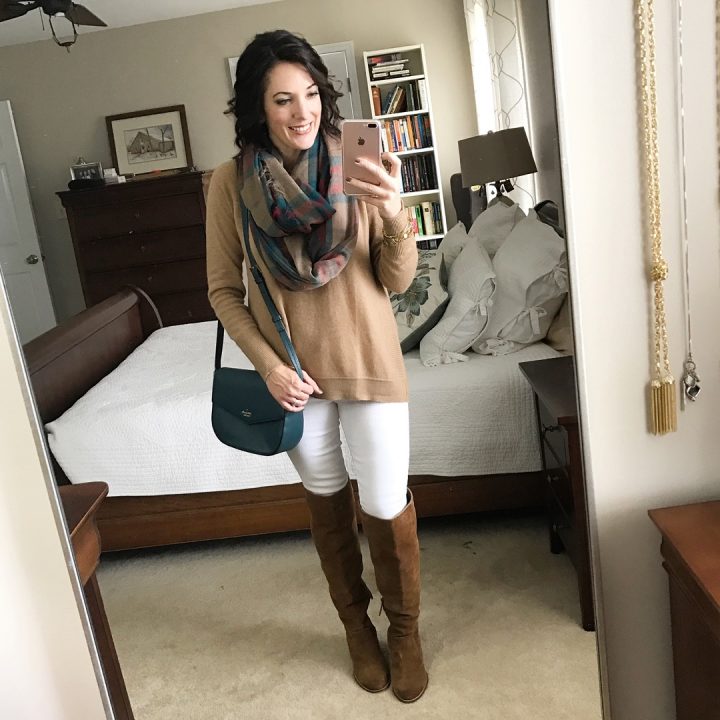 Casual Fall Outfit with white jeans, OTK Boots and Plaid Infinity Scarf