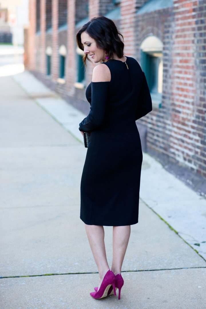 This cold shoulder dress is less than $100 and is the perfect LBD for all your winter events! I paired it with pink suede pumps for an unexpected twist.