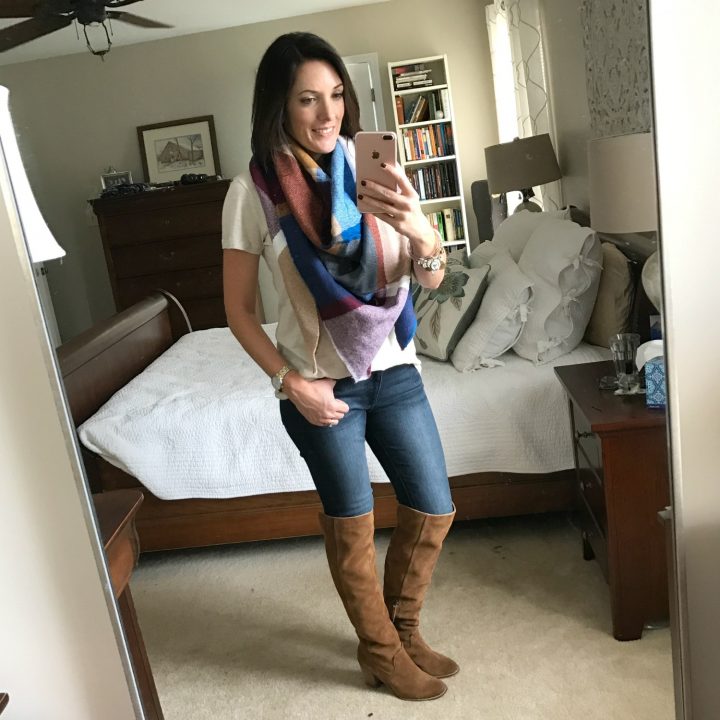 How to wear a blanket scarf with over-the-knee boots and a short-sleeve tee!