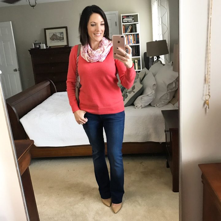 Mavi Baby Bootcut Jeans with coral cashmere V-neck pullover and Via Spiga Carola Pumps. A lightweight CAbi scarf completes the look.
