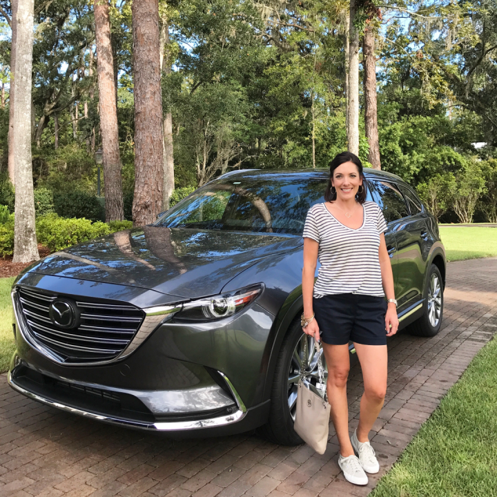 Test Driving the Mazda CX-9 in the South Carolina Lowcountry; wearing the Paige Lynnea Stripe V-Neck Pocket Tee with navy Ann Taylor City Shorts
