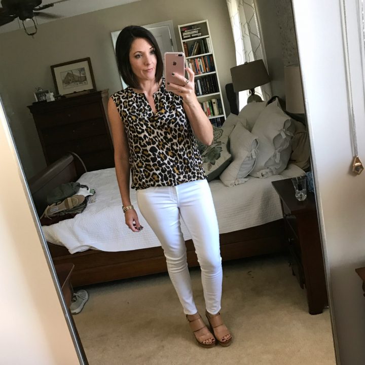 J.Crew leopard blouse with white Paige Verdugo skinnies