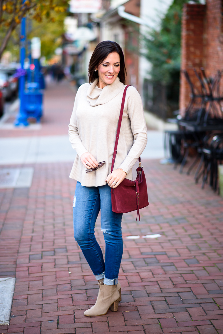 The PERFECT combination of light neutrals - LOFT Cowl Tunic Sweater in Muted Mocha Melange with AG Raw Hem Legging Ankle Jeans & Vince Camuto Feina Booties