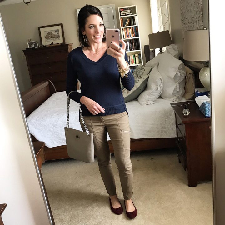 LOVING these White House Black Market khaki Skimmer Jeans with navy V-neck pullover and burgundy suede ballet flats for fall!