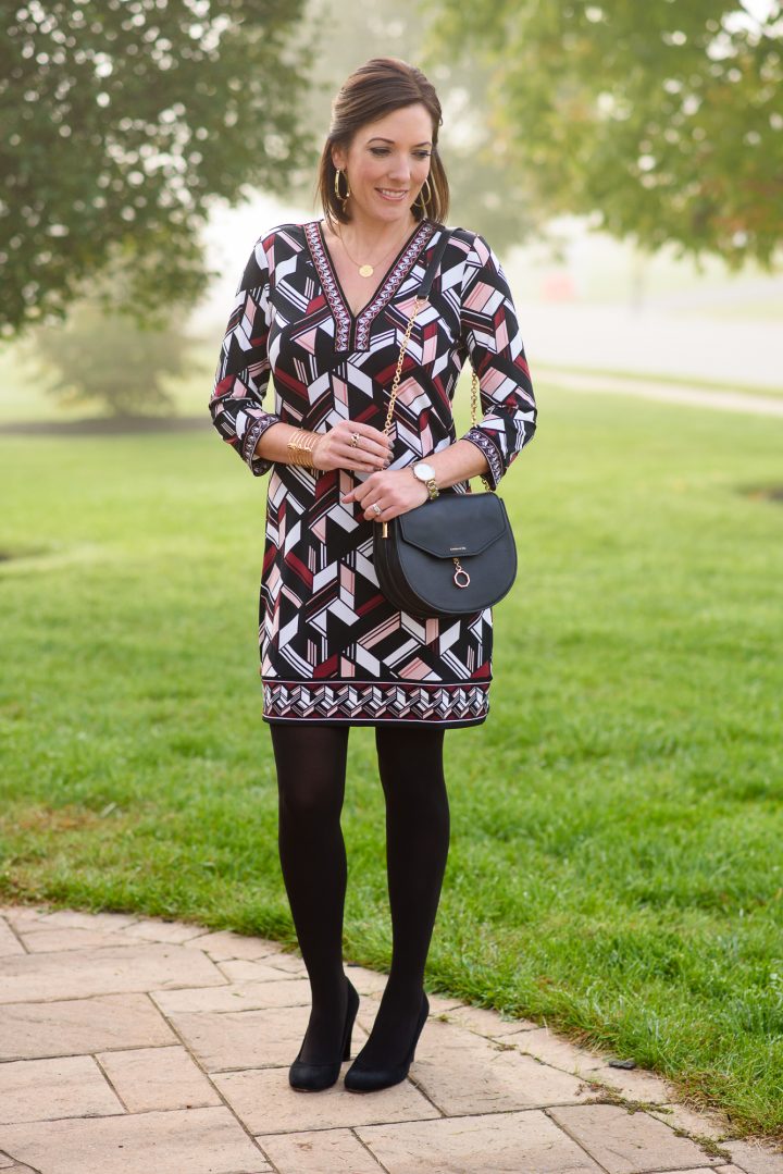 a Geo Print Shift Dress styled two ways - with suede pumps and tall wedge boots