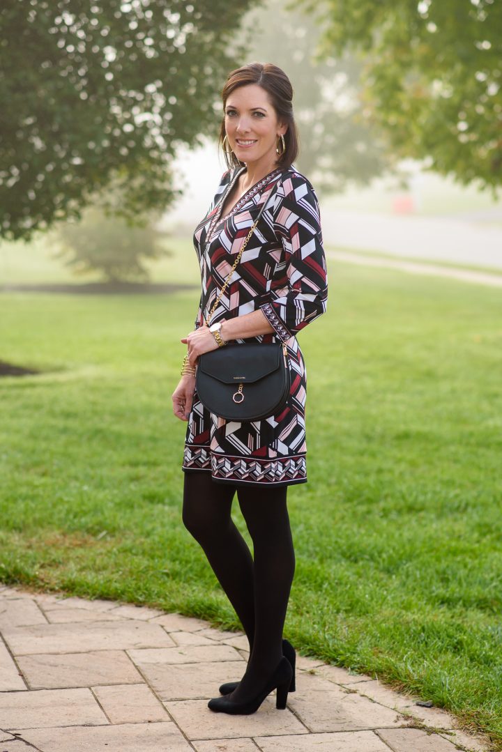 a Geo Print Shift Dress styled two ways - with suede pumps and tall wedge boots