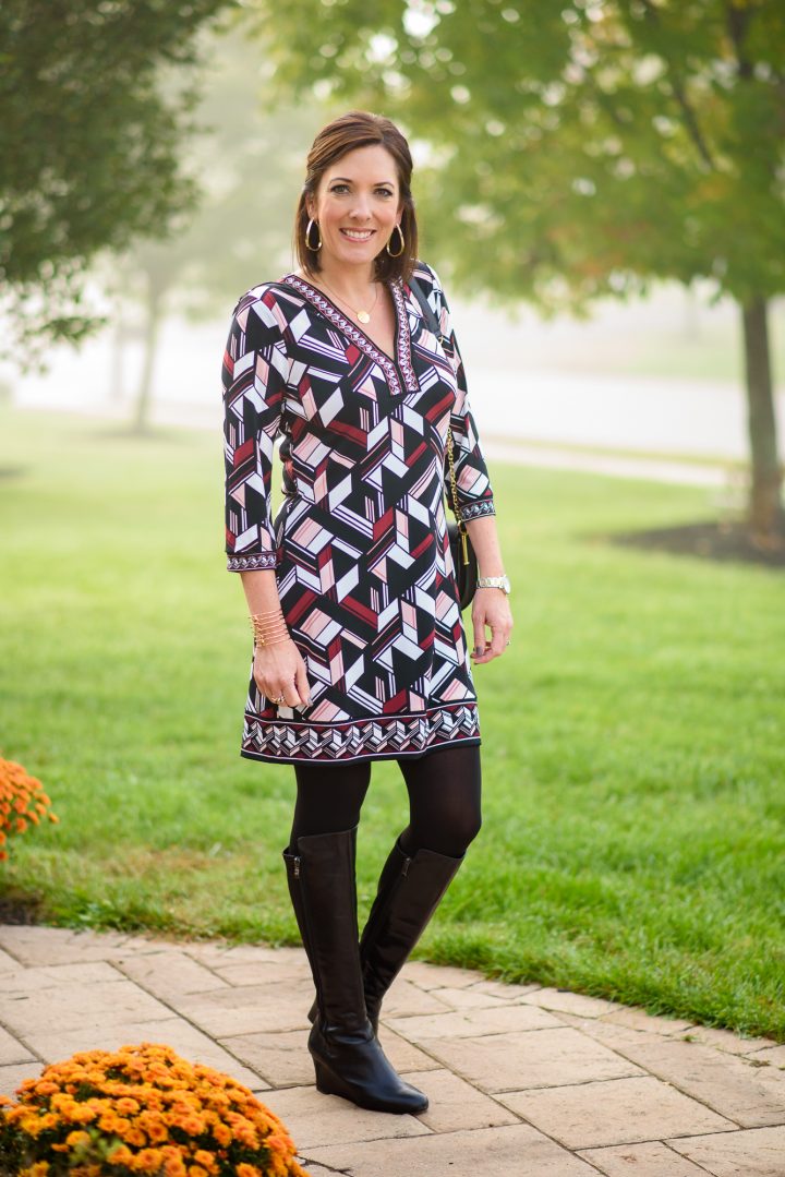 Styling this adorable Geo Print Shift Dress two ways - first with suede pumps and then with tall wedge boots for a more casual look.