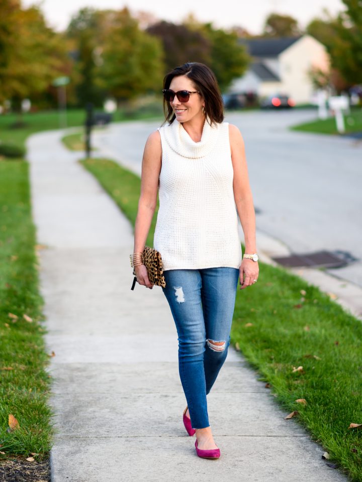 When Fall Feels Like Summer: Sleeveless Cowl Neck Sweater Outfit