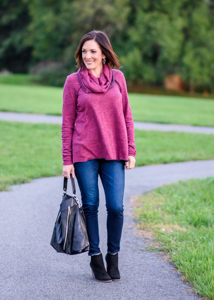I'm styling the softest cowl neck pullover with skinny jeans and suede wedge booties -- the perfect casual fall outfit for everyday.