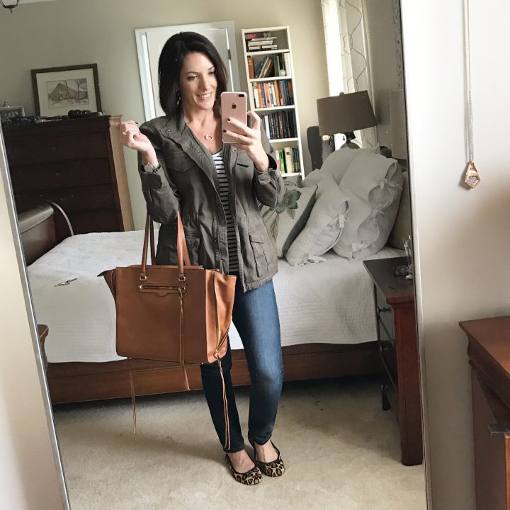 My favorite fall outfit: utility jacket with striped tee and leopard flats. The Rebecca Minkoff Always On Regan Tote in Almond is the perfect finishing touch!