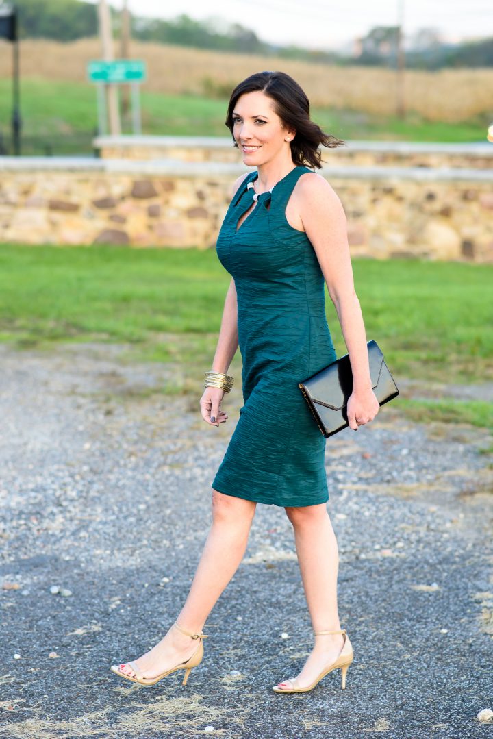 What to Wear to a Fall Wedding: Eliza J green crushed taffeta sheath with cutout detail and rhinestone hardware