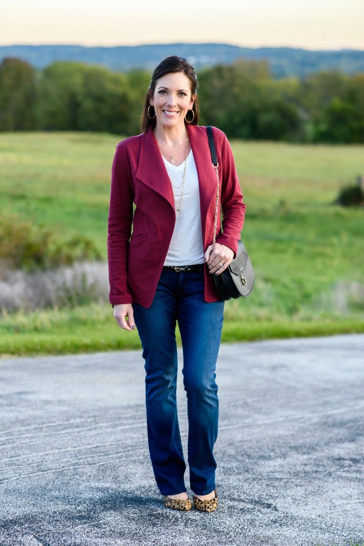 How to Wear a White T-Shirt and Jeans: with a red blazer and leopard pumps